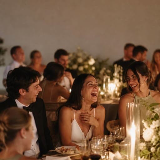 Wedding guests laughing together at a candlelit reception dinner table